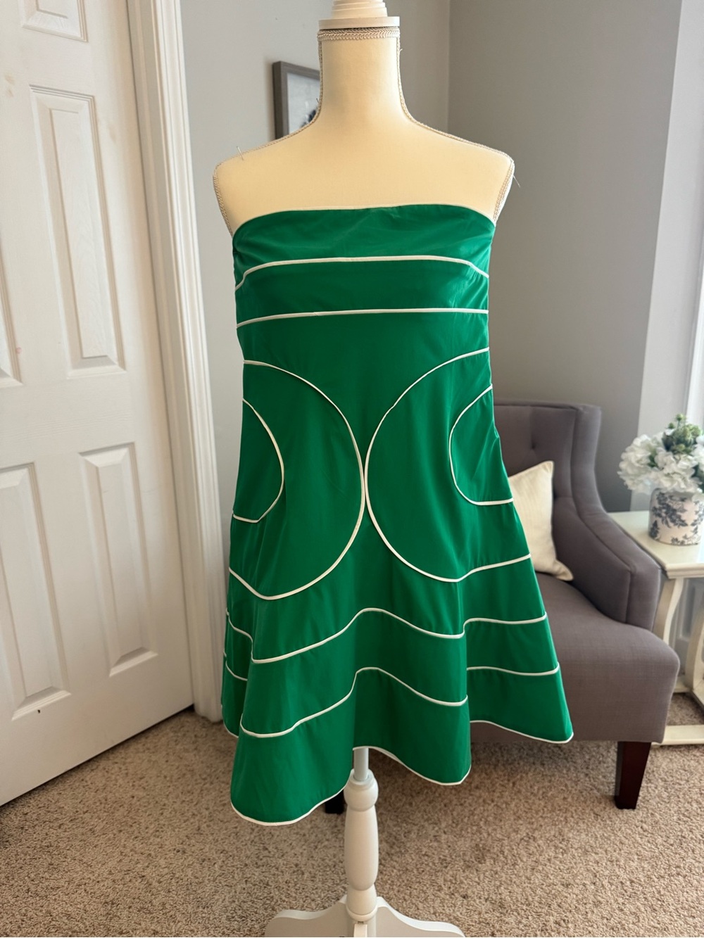 fab'rik Green Strapless Mini Dress with White Trim